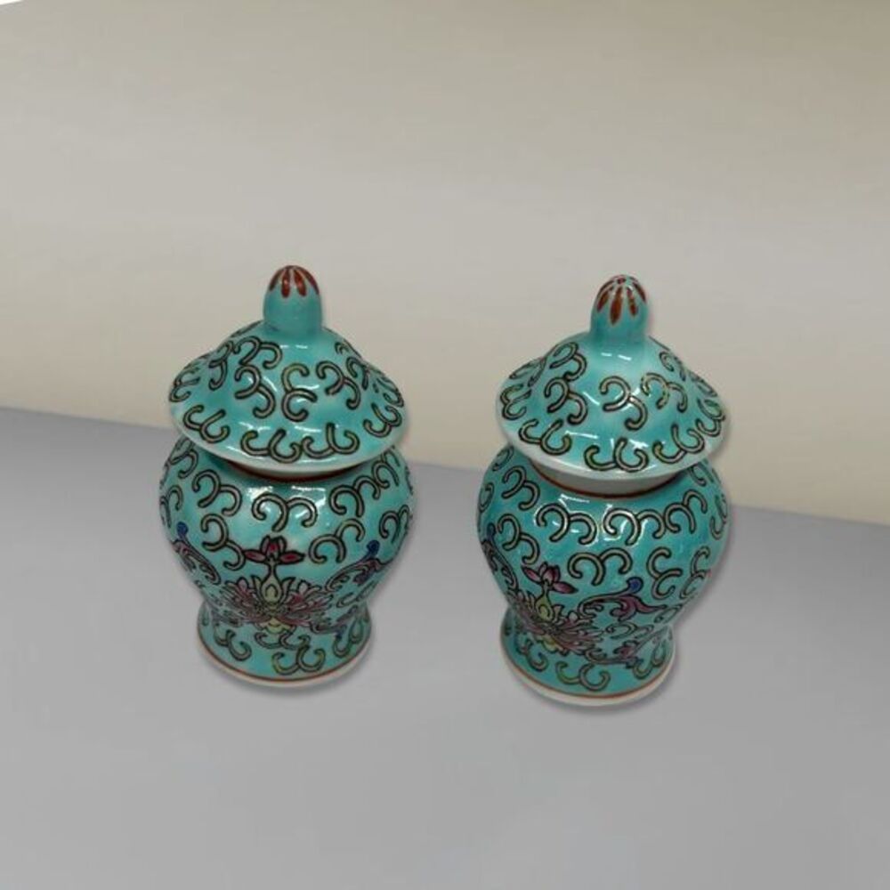 Blessing of longevity! 2‎ Vintage Miniature Ginger Jars. Vibrant, hand painted.